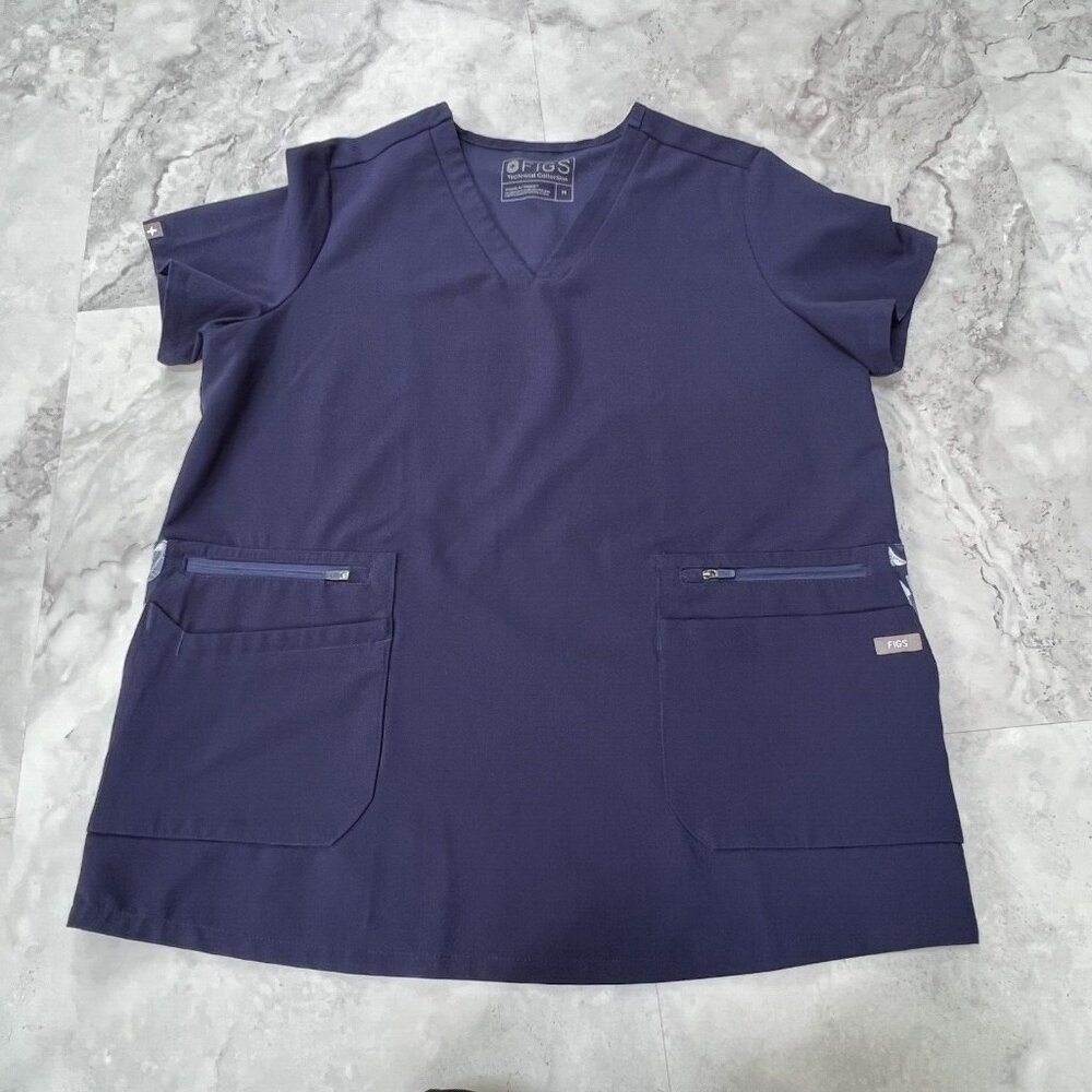 FIGS Technical Collection Blue Feather Fabric‎ Trim Scrub Top Size Medium M